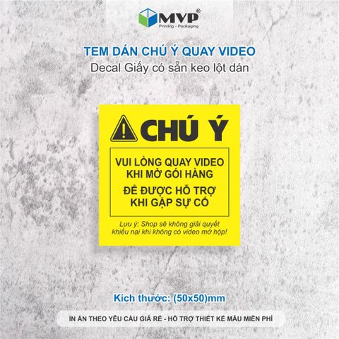 Tem dán quay clip trước khi mở hàng (5x5)cm màu vàng, màu đỏ, Decal giấy cán màng bóng 