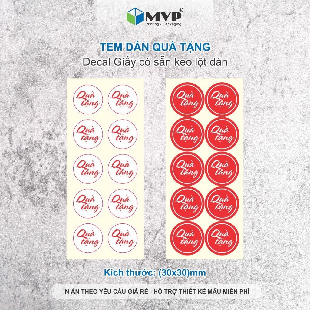 Tem dán quà tặng, tem Decal tròn 3cm có keo lột dán