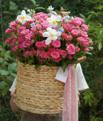 Giỏ lục bình hồng chùm hồng đậm mix tulip