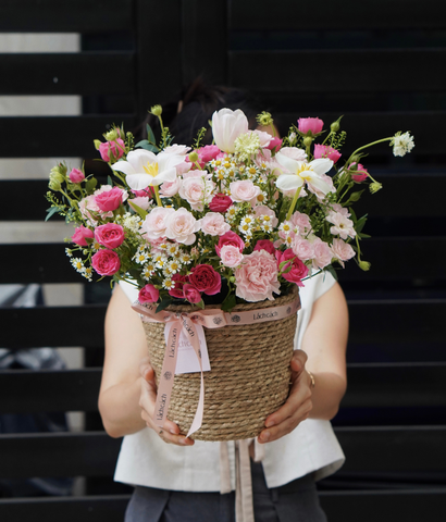 Giỏ cói hồng chùm hồng đậm - nhạt