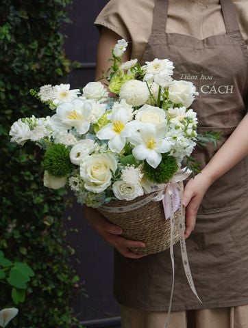 Giỏ cói tú cầu hồng xanh bơ mix tone trắng xanh