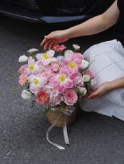 Giỏ cói tú cầu hồng mix tulip