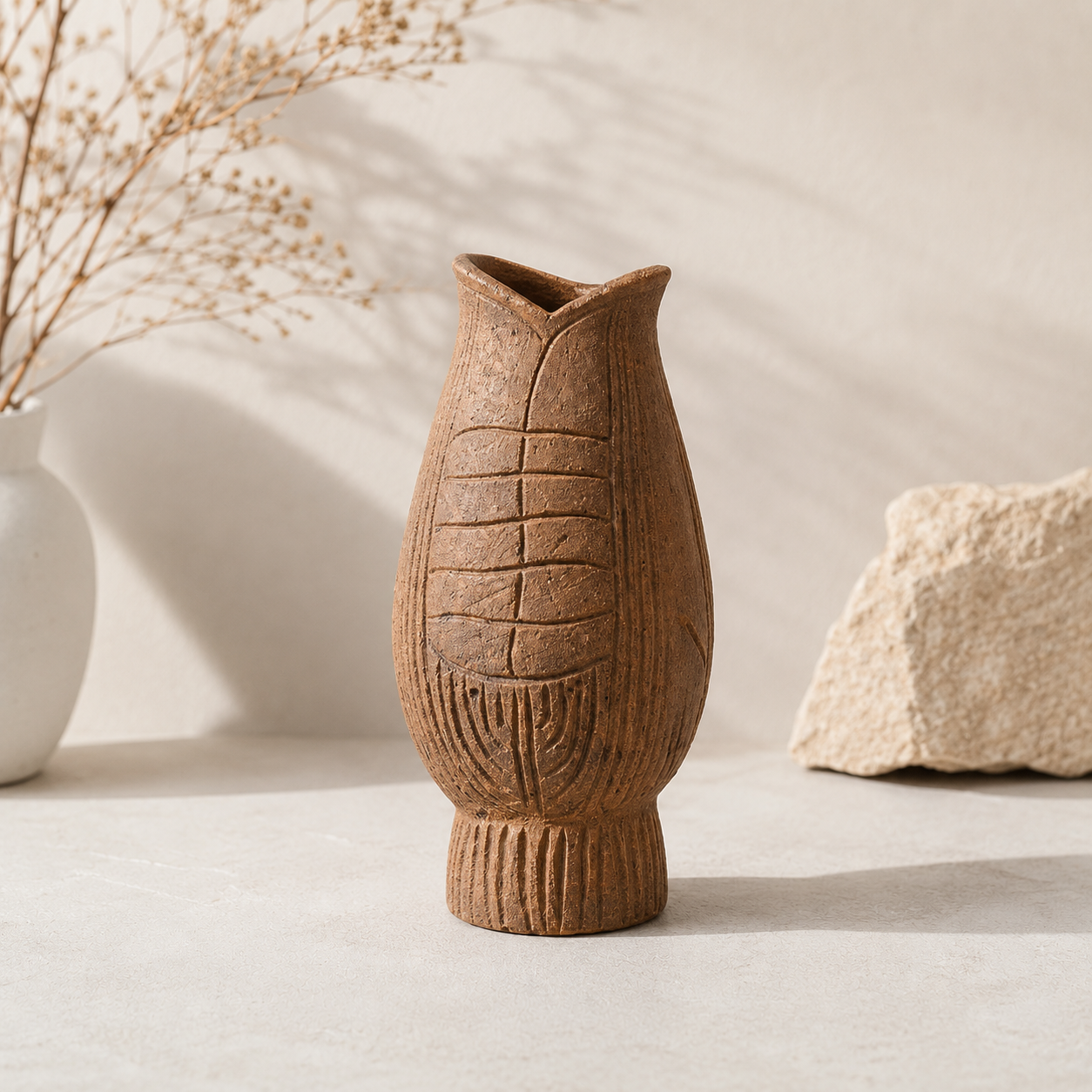  CHAM - Bình Hoa Đất Nung Thủ Công Vân Xương Cá (24 cm) 