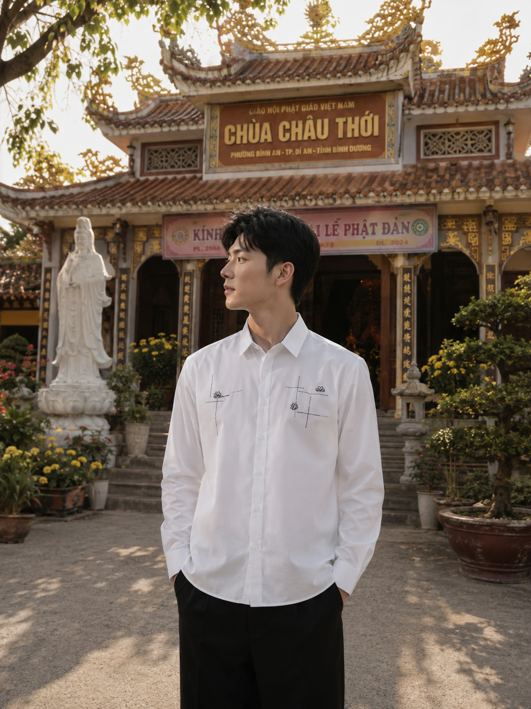 ÁO SƠ MI TAY DÀI PHỐI HỌA TIẾT - TRẮNG