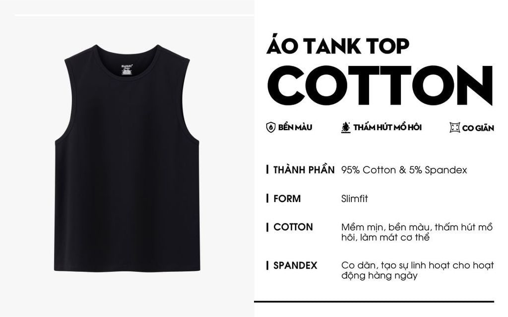 ÁO THUN BA LỖ COTTON, CO GIÃN - TRẮNG 9ABLB501TRK