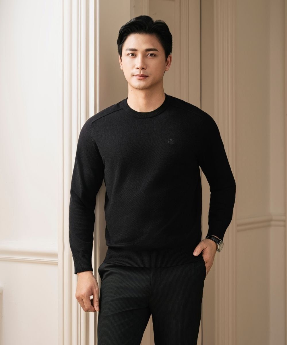  Áo len cổ tròn thiết kế, (Đen, 39) 