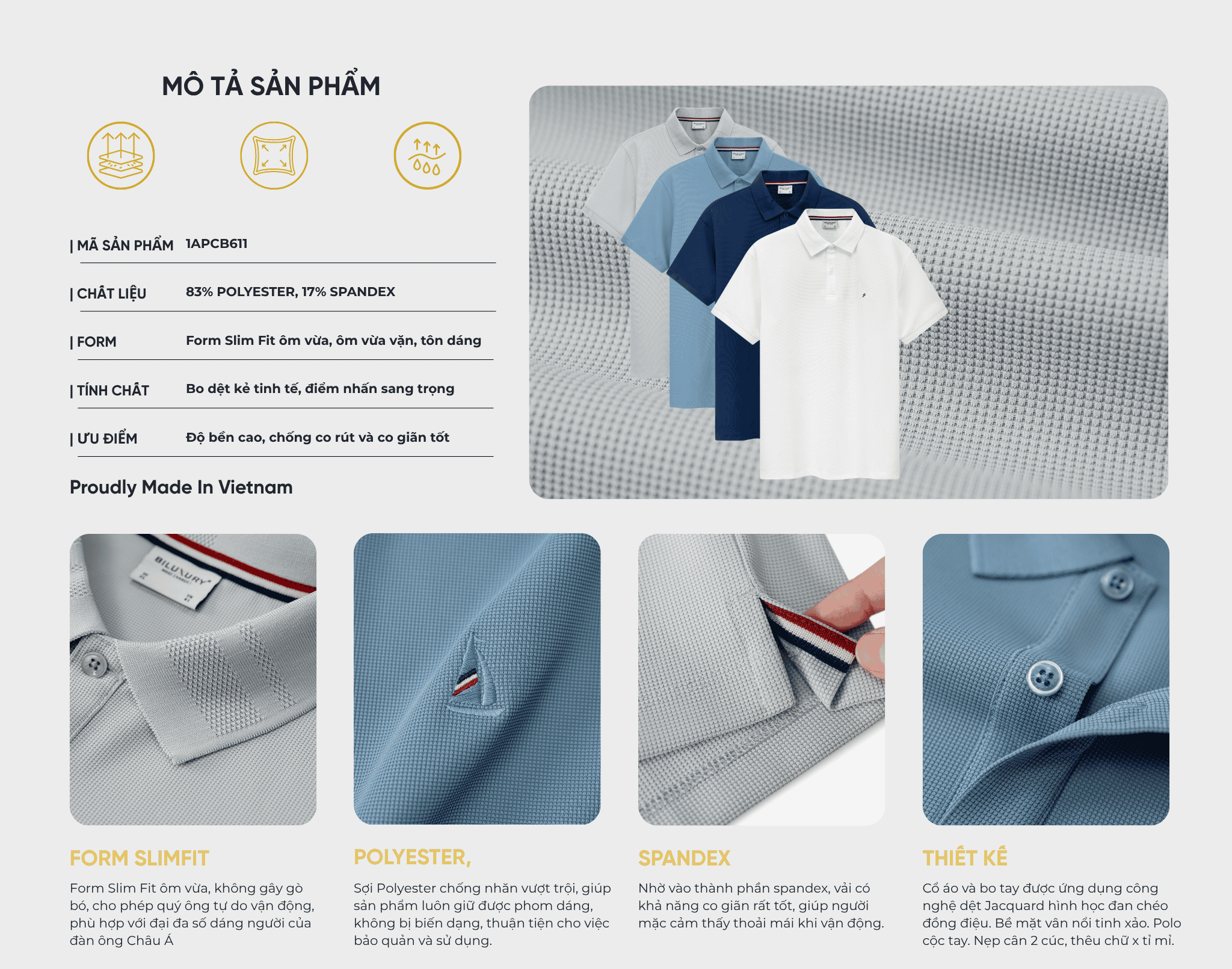 ÁO POLO BASIC, CO GIÃN - XÁM GHI 1APCB611GHS