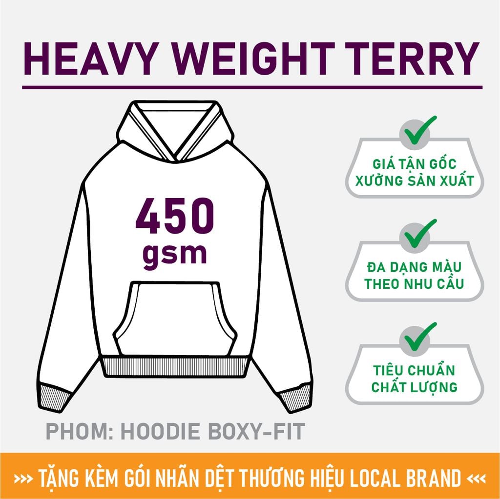 Áo Hoodie Nam Nữ Oversized Boxy - Fit Heavy Weight Terry 450gsm_TRƠN