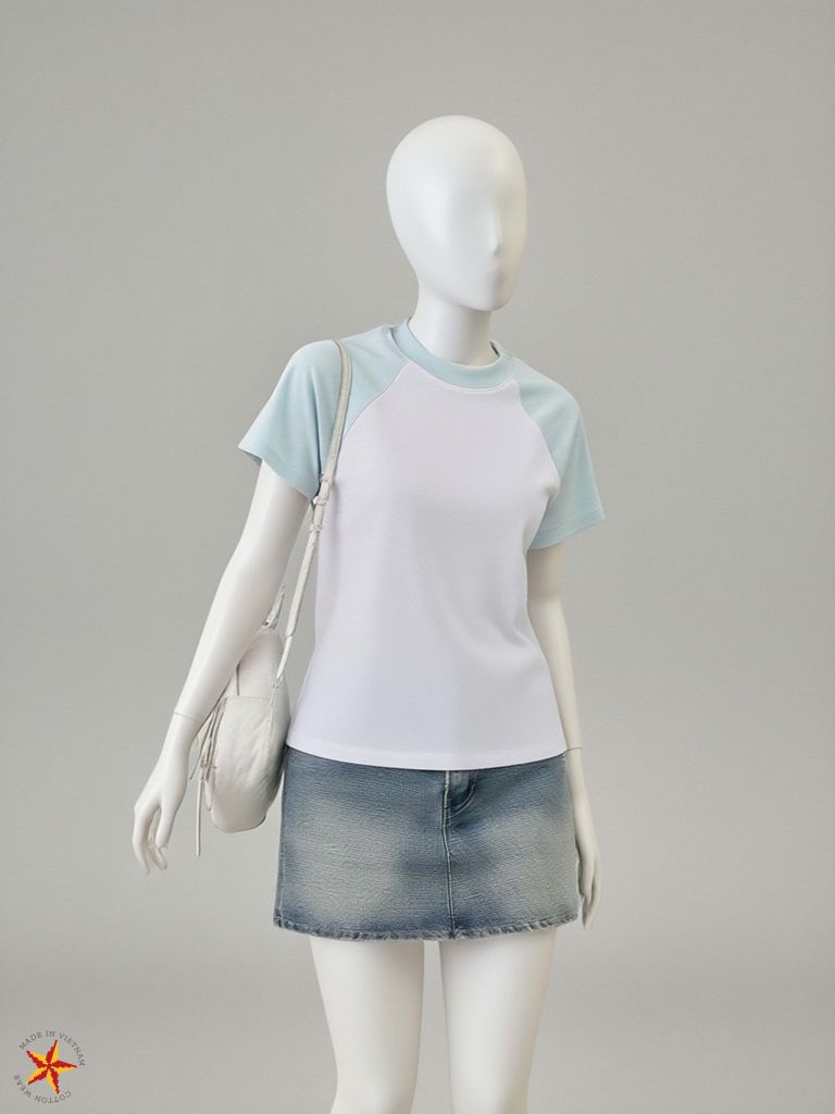Áo Thun Raplan BABY TEE Nữ  Xanh Trắng Rib Cotton 230gsm_IN THEO YÊU CẦU