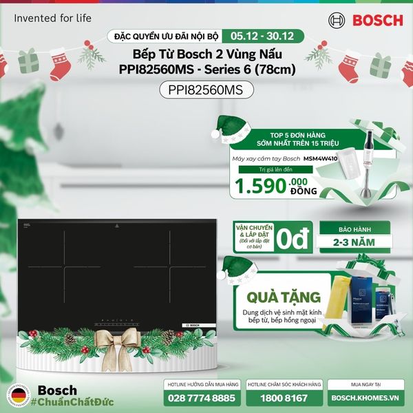 Bếp từ Bosch 2 vùng nấu PPI82560MS - Series 6 (78cm)