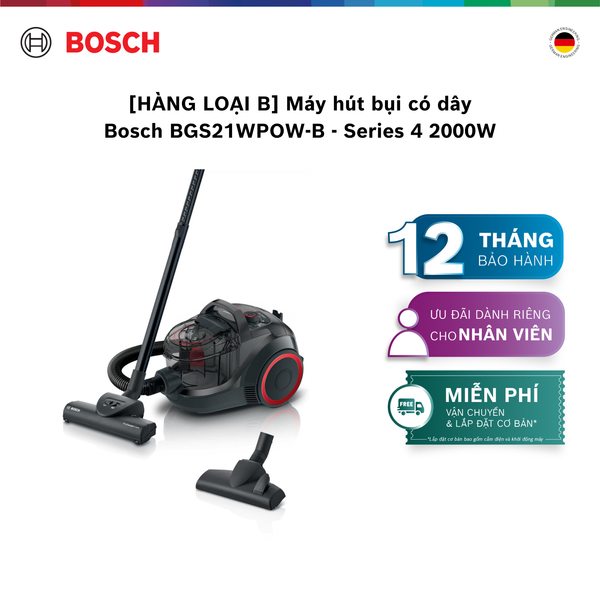 [HÀNG LOẠI B] Máy hút bụi có dây Bosch BGS21WPOW-B - Series 4 2000W