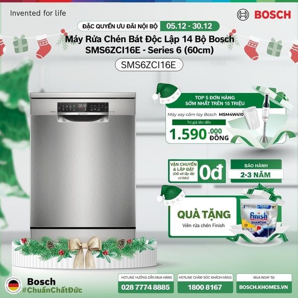 [Tặng Nồi Inox cao cấp Tefal Duetto Plus, 20cm] Máy Rửa Chén Bát Độc Lập 14 Bộ Bosch SMS6ZCI16E - Series 6 (60cm)
