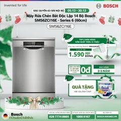 [Tặng Nồi Inox cao cấp Tefal Duetto Plus, 20cm] Máy Rửa Chén Bát Độc Lập 14 Bộ Bosch SMS6ZCI16E - Series 6 (60cm)