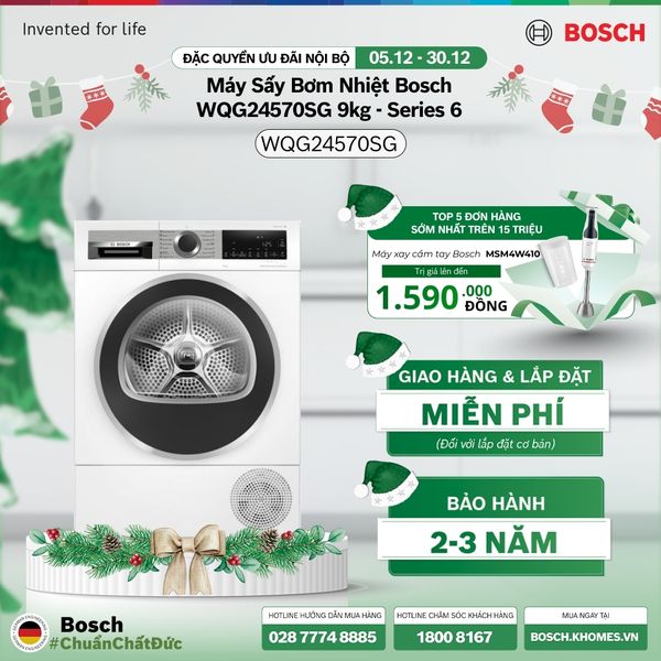 [Tặng Chảo chiên Tefal Ultimate 20cm] Máy sấy Bosch bơm nhiệt 9kg WQG24570SG - Series 6