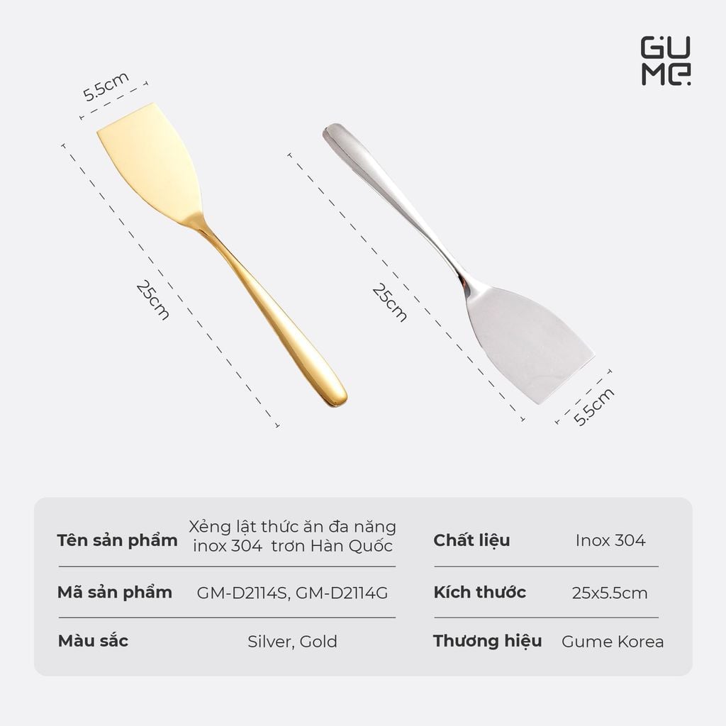 Xẻng lật thức ăn đa năng inox 304  trơn Hàn Quốc
