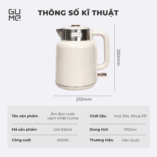 Ấm đun nước siêu tốc cách nhiệt GUME KOREA GM-EK041 - Bảo hành chính hãng 12 tháng