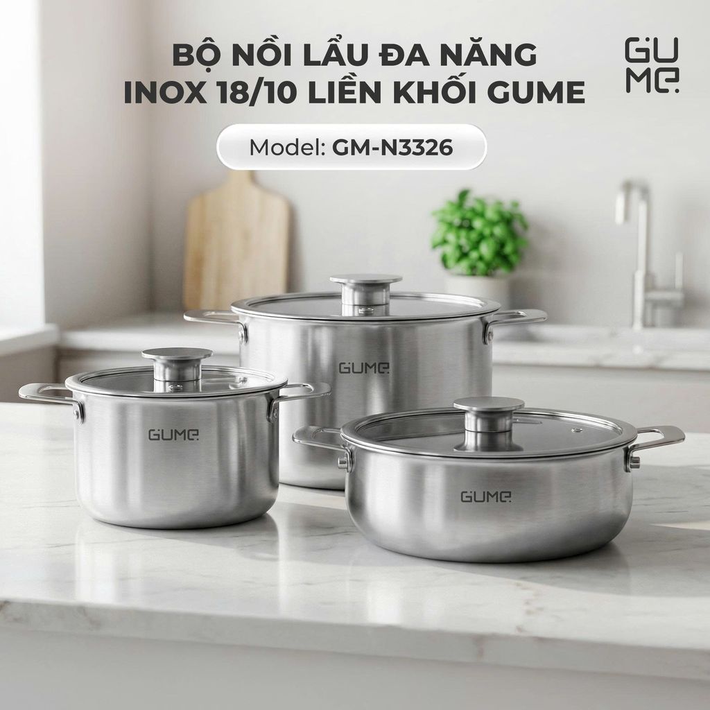 Bộ Nồi Lẩu Đa Năng Inox 18/10 Liền Khối Gume GM - N3326
