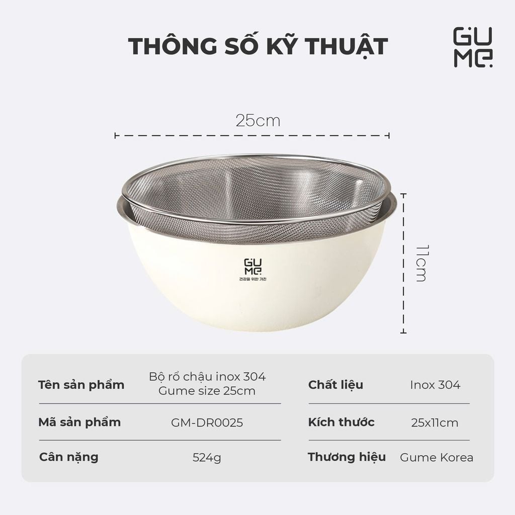 Bộ Rổ Chậu Inox 304 Gume GM - DR0025 Size 25cm