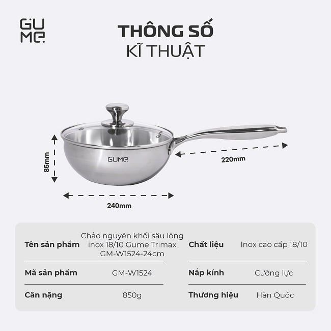 Chảo Nguyên Khối Sâu Lòng Inox 18/10 Gume Trimax GM-W1524 - Bảo hành 1 đổi 1 trong 15 ngày
