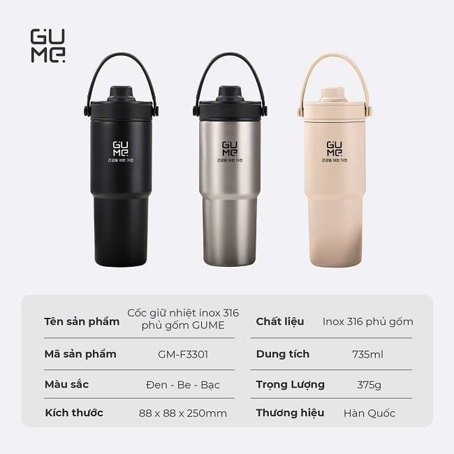 Cốc giữ nhiệt inox 316 phủ gốm GUME KOREA GM-F3301 - Bảo hành 1 đổi 1 trong 15 ngày