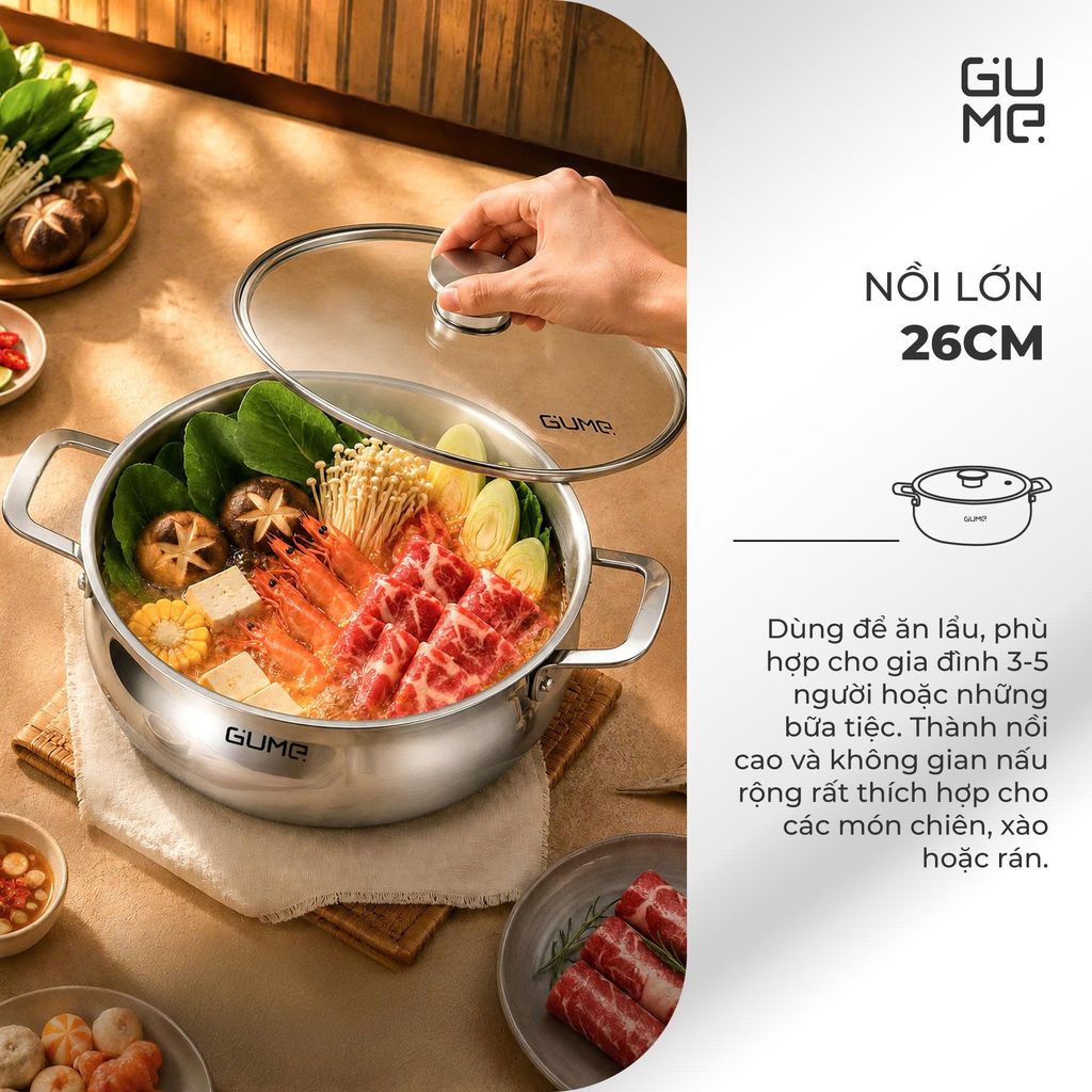 Bộ Nồi Lẩu Đa Năng Inox 18/10 Liền Khối Gume GM - N3326
