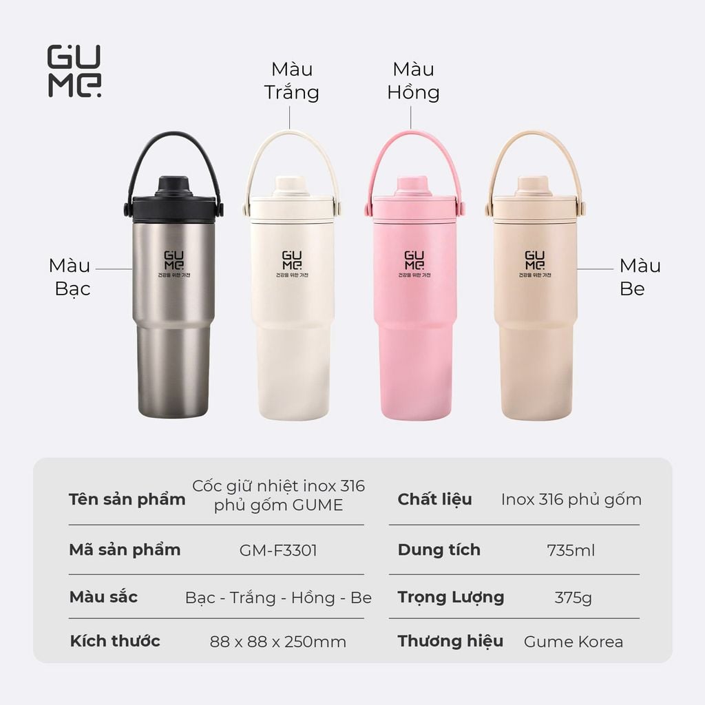 Cốc giữ nhiệt inox 316 phủ gốm GUME KOREA GM-F3301 - Bảo hành 1 đổi 1 trong 15 ngày