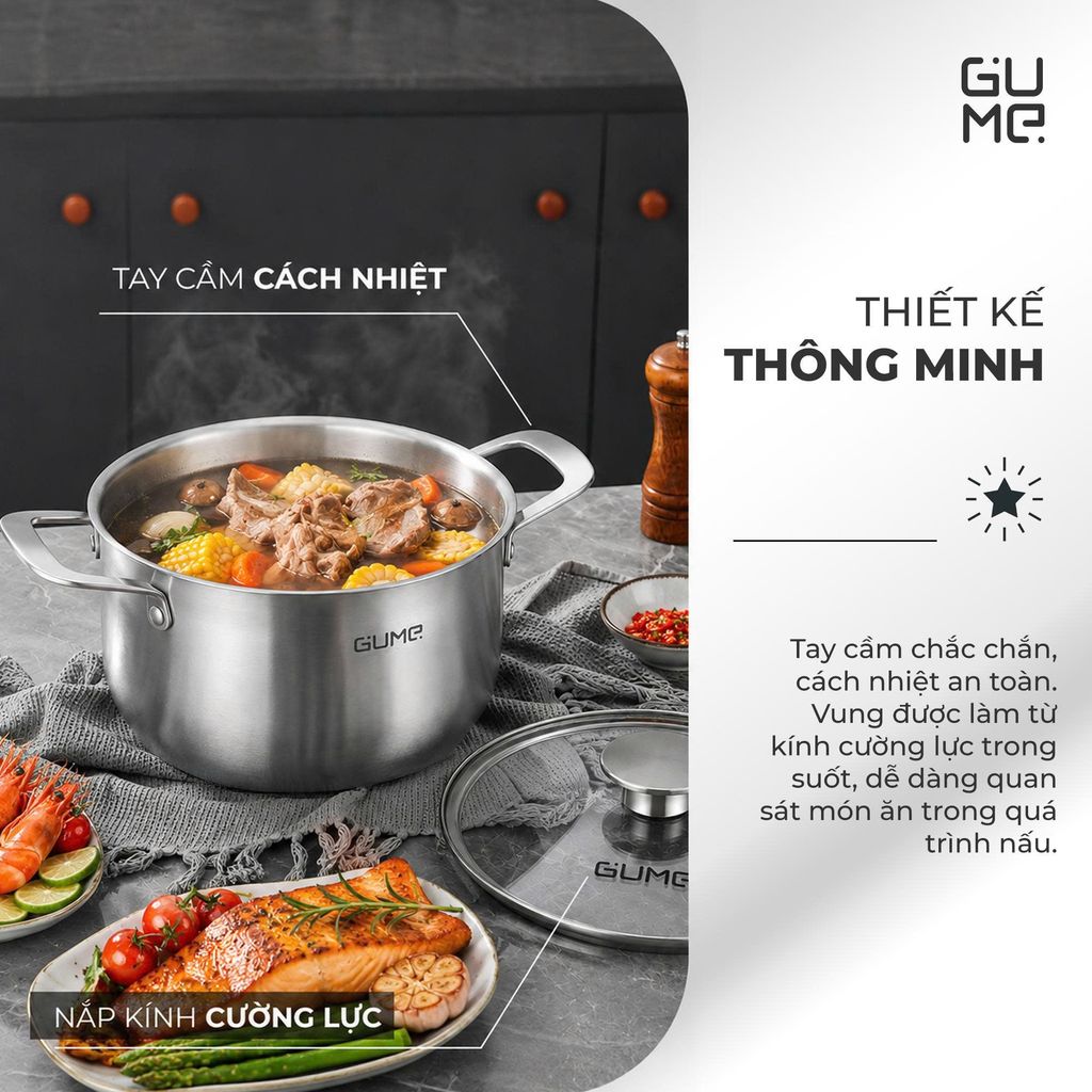 Bộ Nồi Lẩu Đa Năng Inox 18/10 Liền Khối Gume GM - N3326