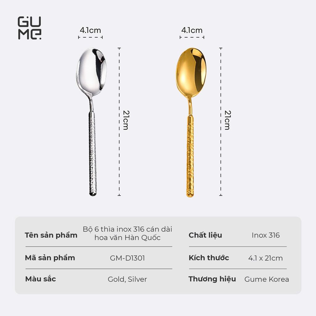 BỘ 6 THÌA INOX 316 CÁN DÀI HOA VĂN HÀN QUỐC