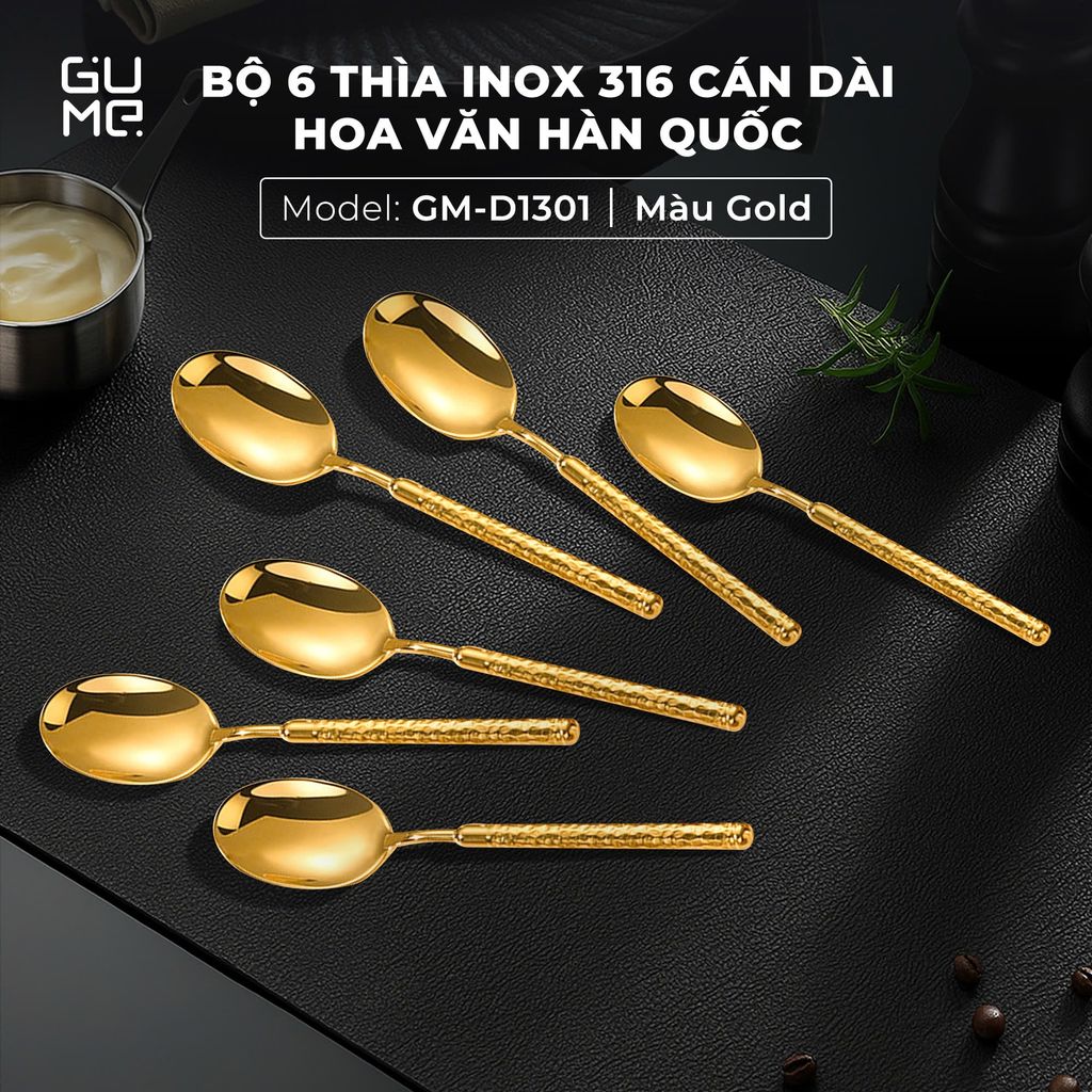BỘ 6 THÌA INOX 316 CÁN DÀI HOA VĂN HÀN QUỐC