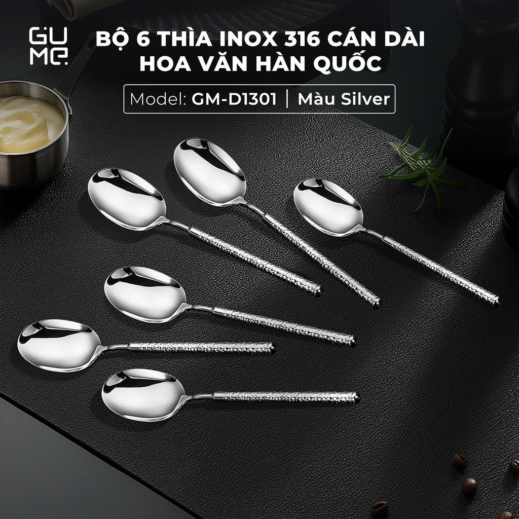 BỘ 6 THÌA INOX 316 CÁN DÀI HOA VĂN HÀN QUỐC