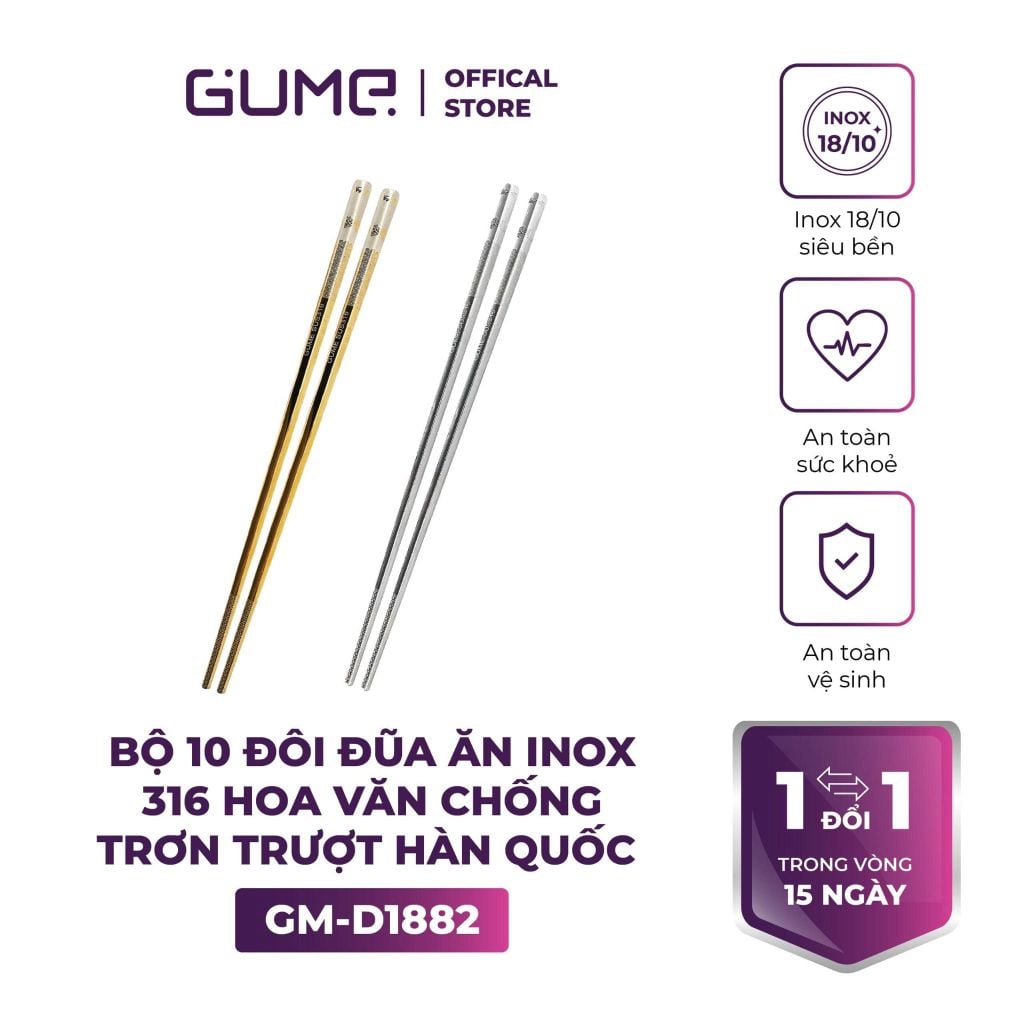 Bộ 10 Đôi Đũa Inox 316 Hàn Quốc GUME GM-D1882
