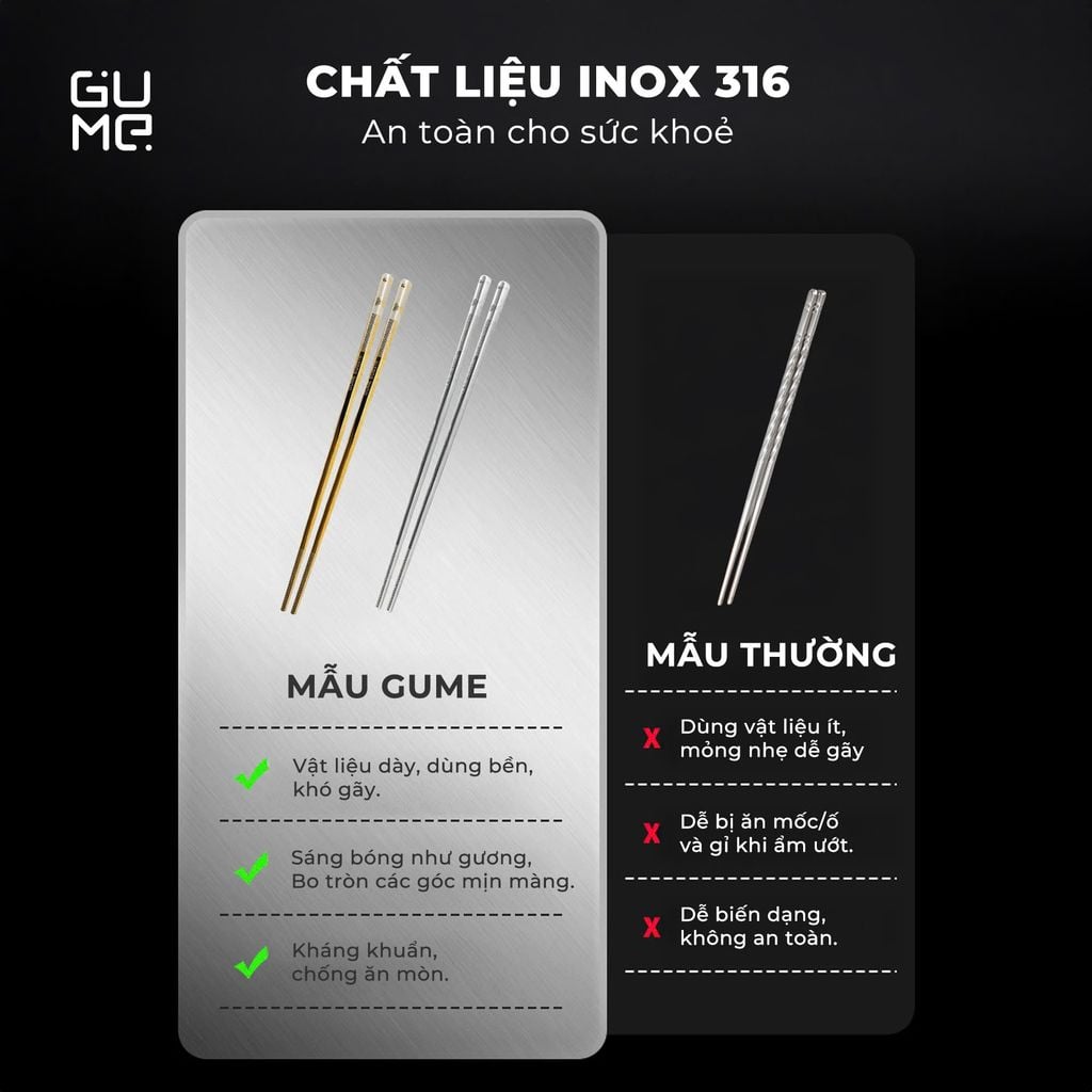 Bộ 10 Đôi Đũa Inox 316 Hàn Quốc GUME GM-D1882
