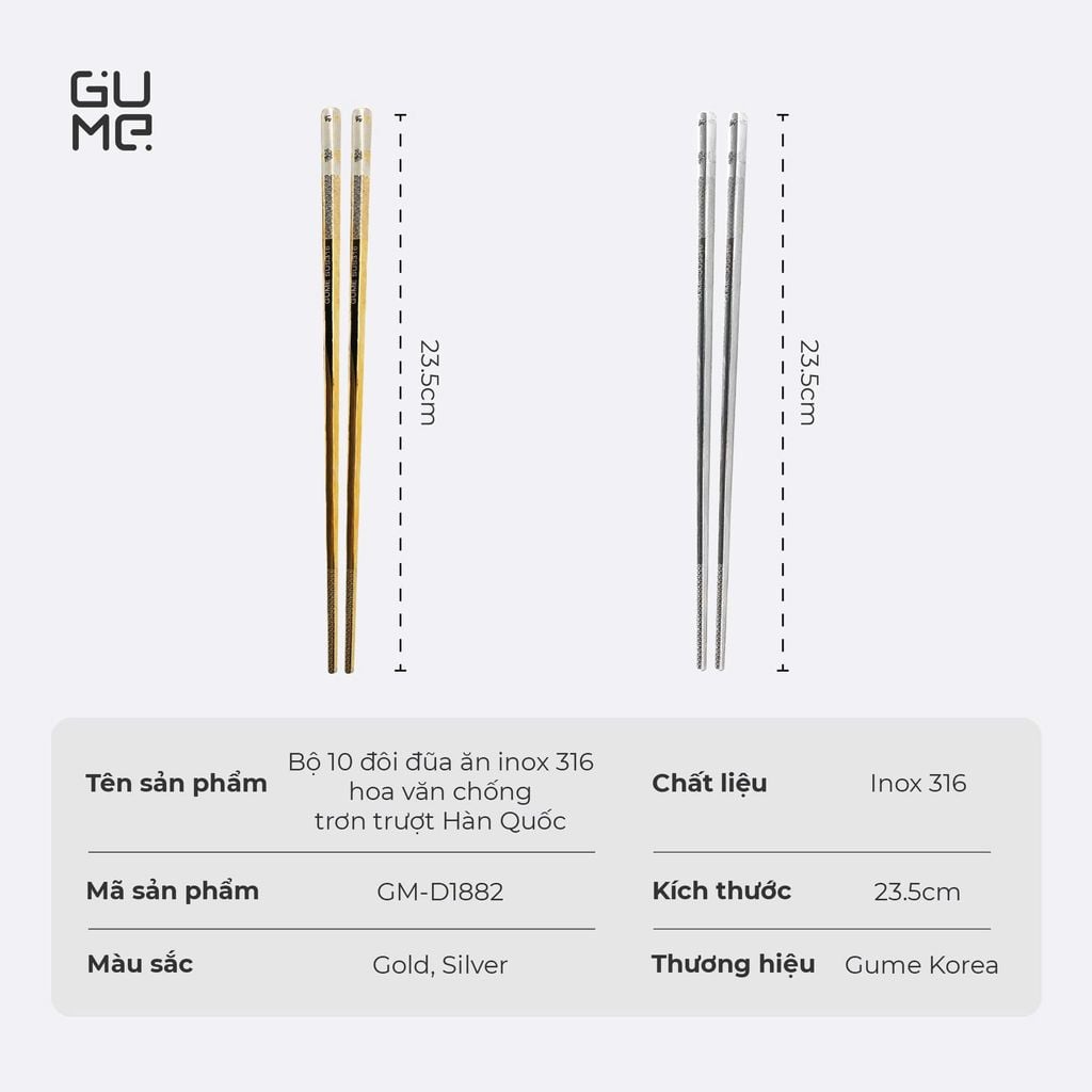 Bộ 10 Đôi Đũa Inox 316 Hàn Quốc GUME GM-D1882
