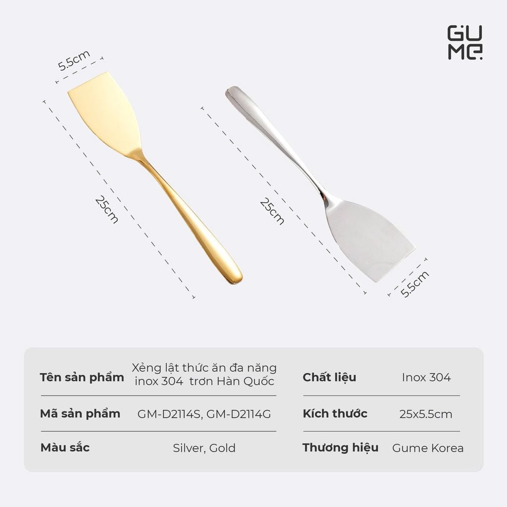 Xẻng lật thức ăn đa năng inox 304  trơn Hàn Quốc