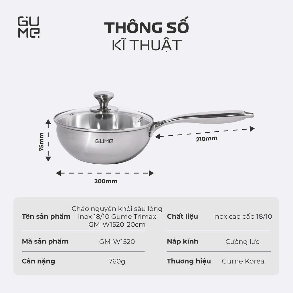 Chảo Nguyên Khối Sâu Lòng Inox 18/10 Gume Trimax GM-W1520 - Bảo hành 1 đổi 1 trong 15 ngày