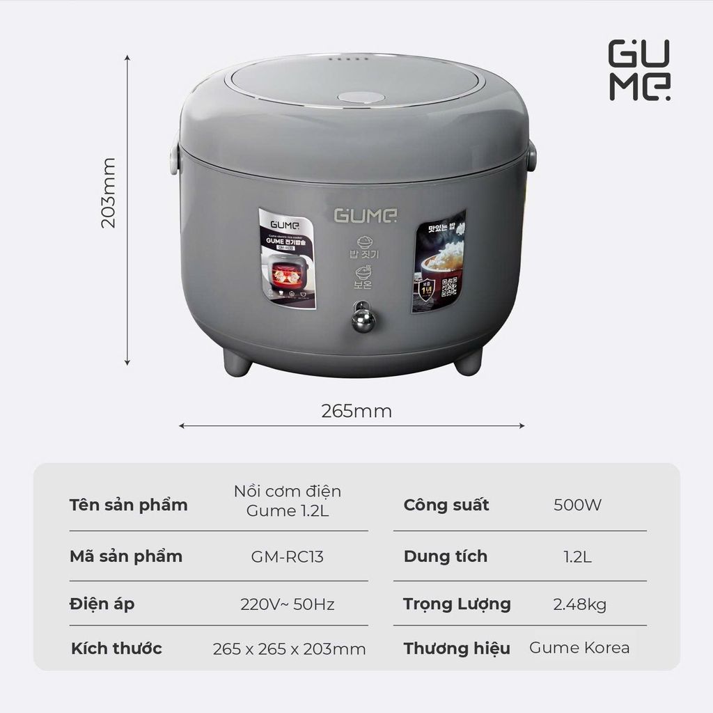Nồi Cơm Điện 1,2L Đá Maifanite Chống Dính Gume Korea GM-RC13