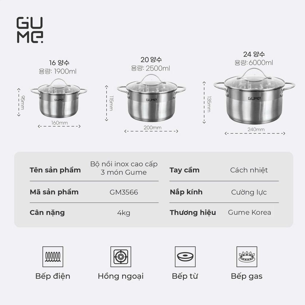 Bộ Nồi Inox 304 Cao Cấp Gume Classic GM-3566 - Bảo hành 1 đổi 1 trong 15 ngày