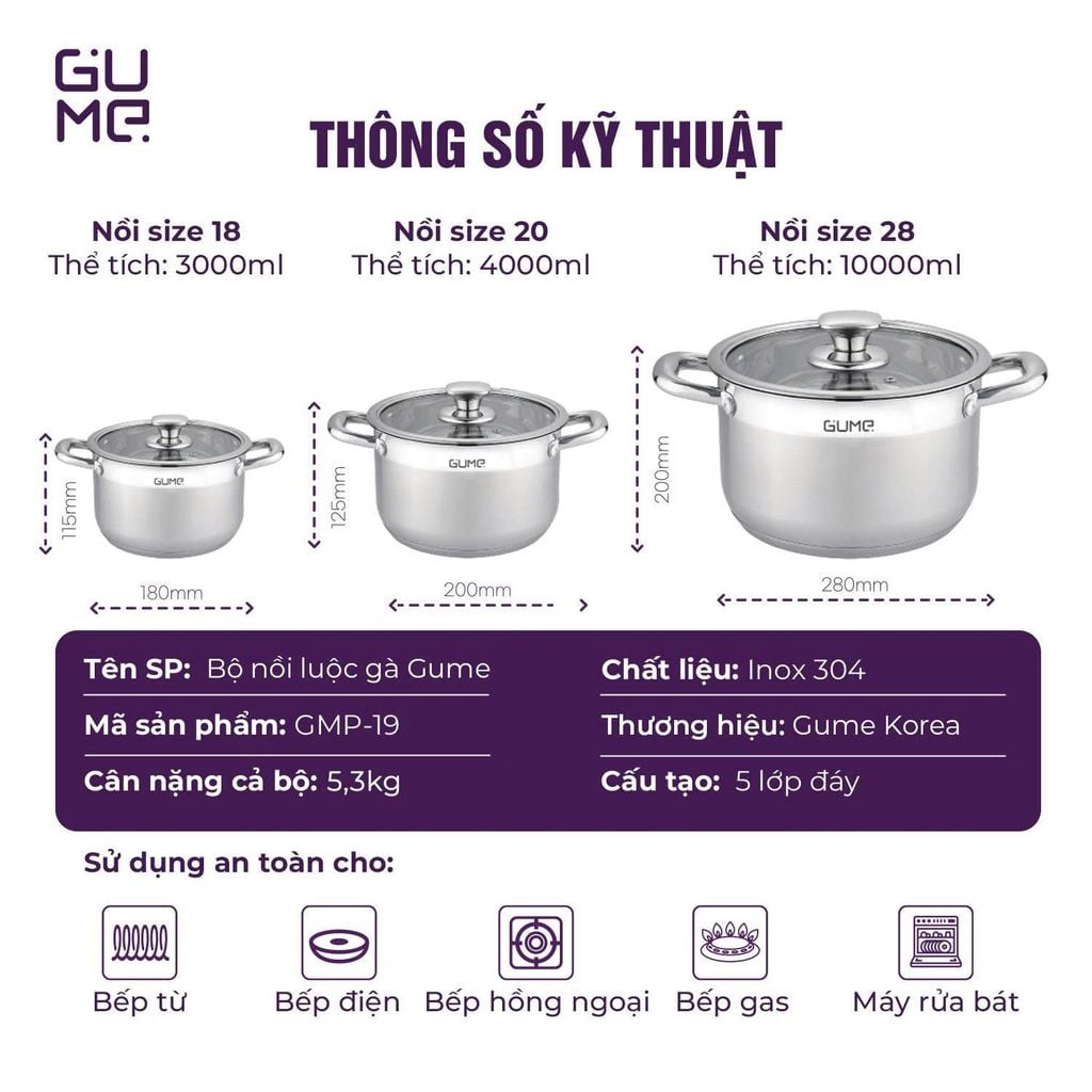 Bộ 3 Nồi Luộc Gà GMP-19 GUME KOREA - Bảo hành 1 đổi 1 trong 7 ngày