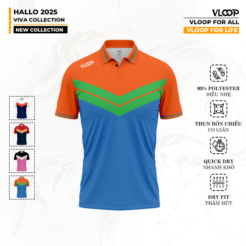 ÁO THỂ THAO VLOOP CỔ POLO MÀU CAM - XANH DƯƠNG  - BST HALLO 2025 - VIVA COLLECTION