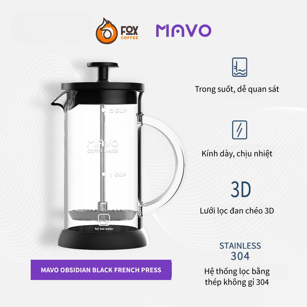 Bình Thủy Tinh Pha Cà Phê Kiểu Pháp 350ml MAVO | French Press Coffee Maker