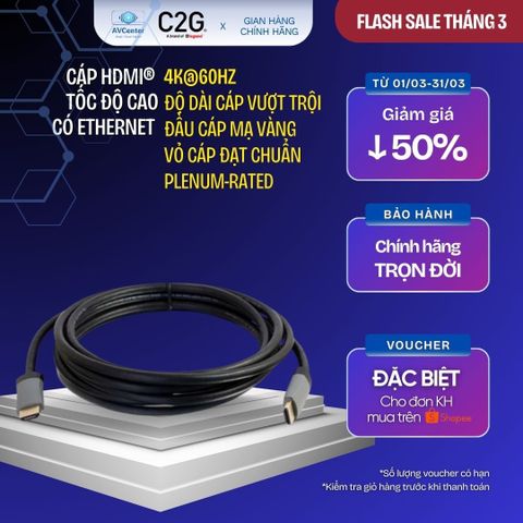 Cáp HDMI® Tốc độ cao 4K@60Hz, dài 6 m, Đầu nối mạ vàng, CL2, Plus Series Select có Ethernet, Bảo hành trọn đời C2G