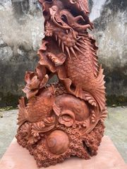 Tượng Linh Vật - Cá Chép Vượt Vũ Môn Hoá Rồng Kích Thước C89-S28-N48 Gỗ Hương Ta