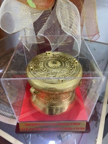Trống Đồng Đông Sơn Dát Vàng Đường Kính 15Cm Cao 12Cm Chất Liệu Đồng Vàng