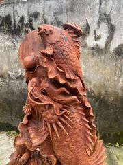 Tượng Linh Vật - Cá Chép Vượt Vũ Môn Hoá Rồng Kích Thước C89-S28-N48 Gỗ Hương Ta