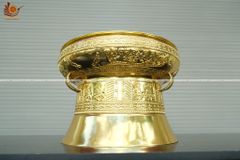 Trống Đồng Đông Sơn Đồng Đỏ, Đường Kính 40cm - Hoa Văn Ngọc Lũ Họa Tiết Nổi Dát Vàng