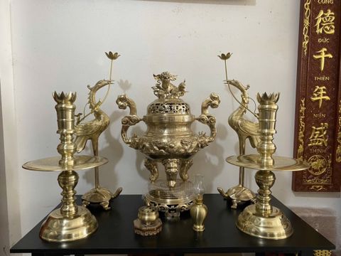 Bộ Ngũ Sự Bằng Đồng Cát Tút  Song Long Chầu Nguyệt Cao 50 Catut