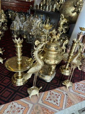 Bộ Tam Sự Hạc Bằng Đồng Cát Tút Song Long Chầu Nguyệt Cao 60 Cm