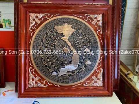 Tranh Trống Đồng Đỏ Đúc Có Bản Đồ Kích Thước 90*90 Cm Khung Vuông