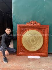 Tranh Trống Đồng Ngũ Phúc Mặt Đúc Dát Vàng Khung Gỗ Hương Đỏ Kích Thước 90*90 Cm Khung Vuông