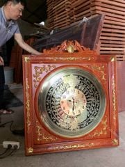 Tranh Trống Đồng Ngũ Phúc Mặt Đồng Hồ Khung Gỗ Hương Đỏ Kích Thước 83*83 Cm Khung Vuông